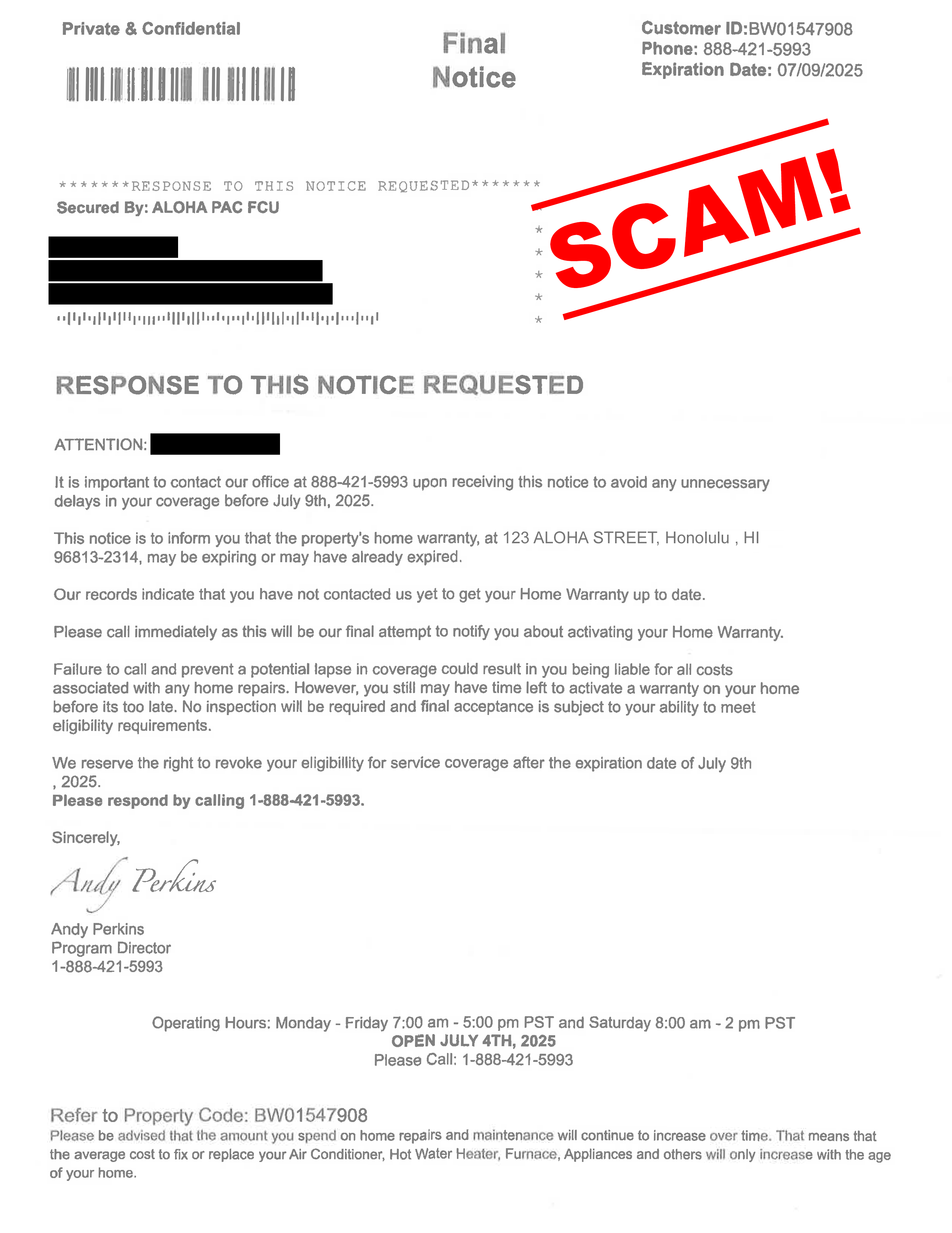 Home Warranty Scam Letter example
